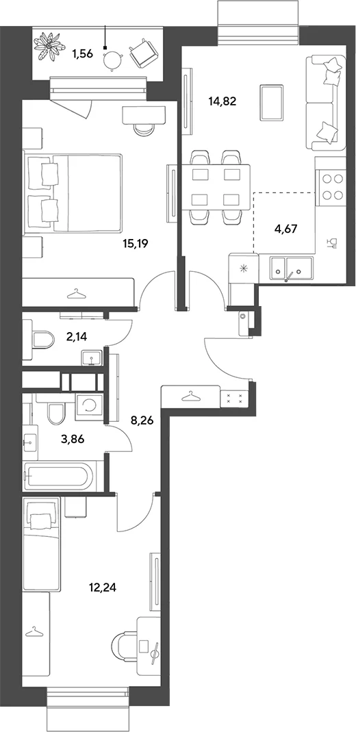 Планировка: Евротрёшка 61,2 м² в ЖК «Публицист»