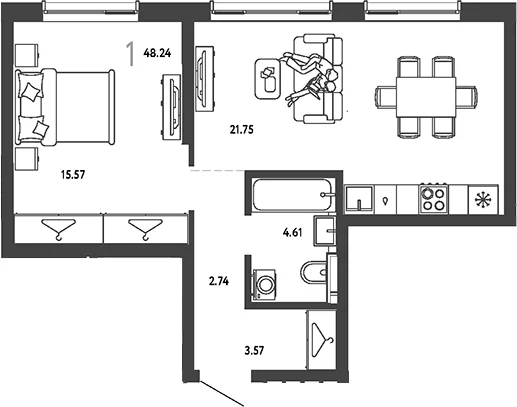 Планировка: 1-комнатная квартира 48,2 м² в ЖК «Страна.Парковая»