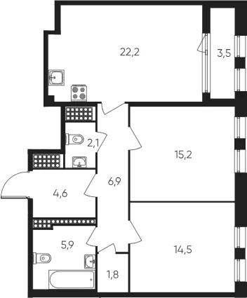 Планировка: Евротрёшка 73,2 м² в ЖК «Дефанс»