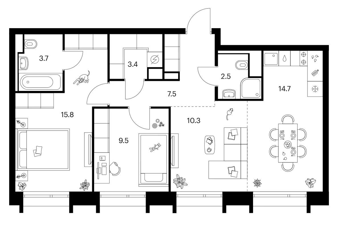Планировка: 2-комнатная квартира 67,4 м² в ЖК «Зеленый парк»