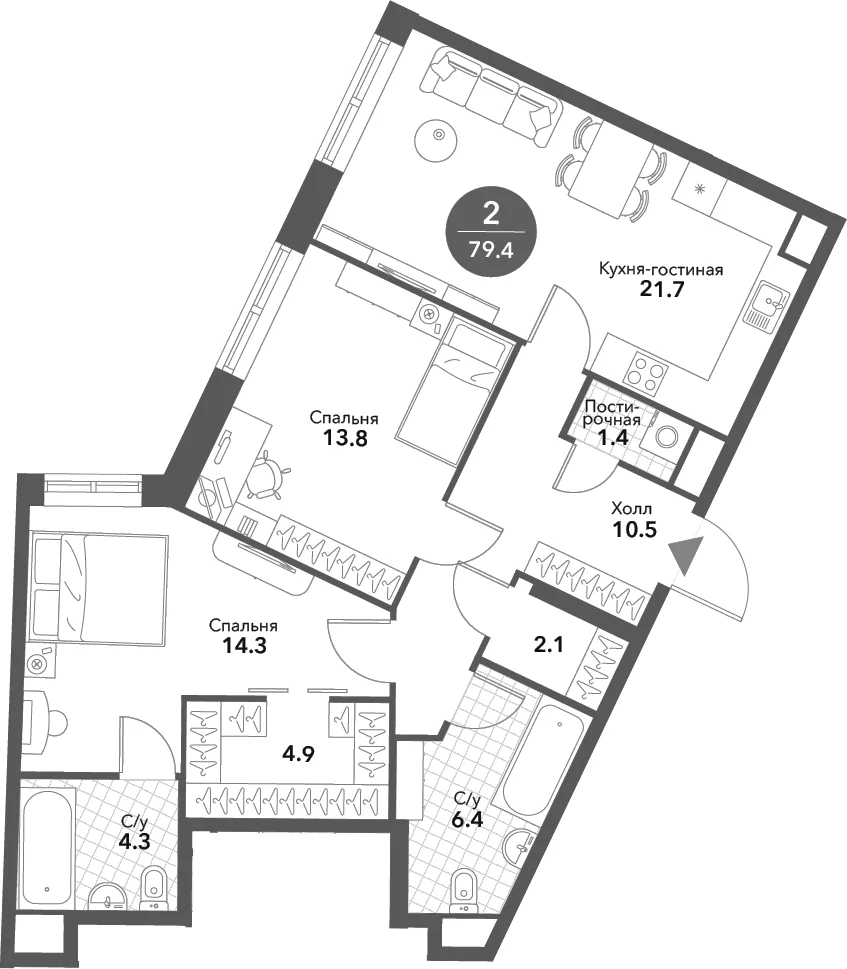 Планировка: Евротрёшка 79,4 м² в ЖК «Воксхолл»