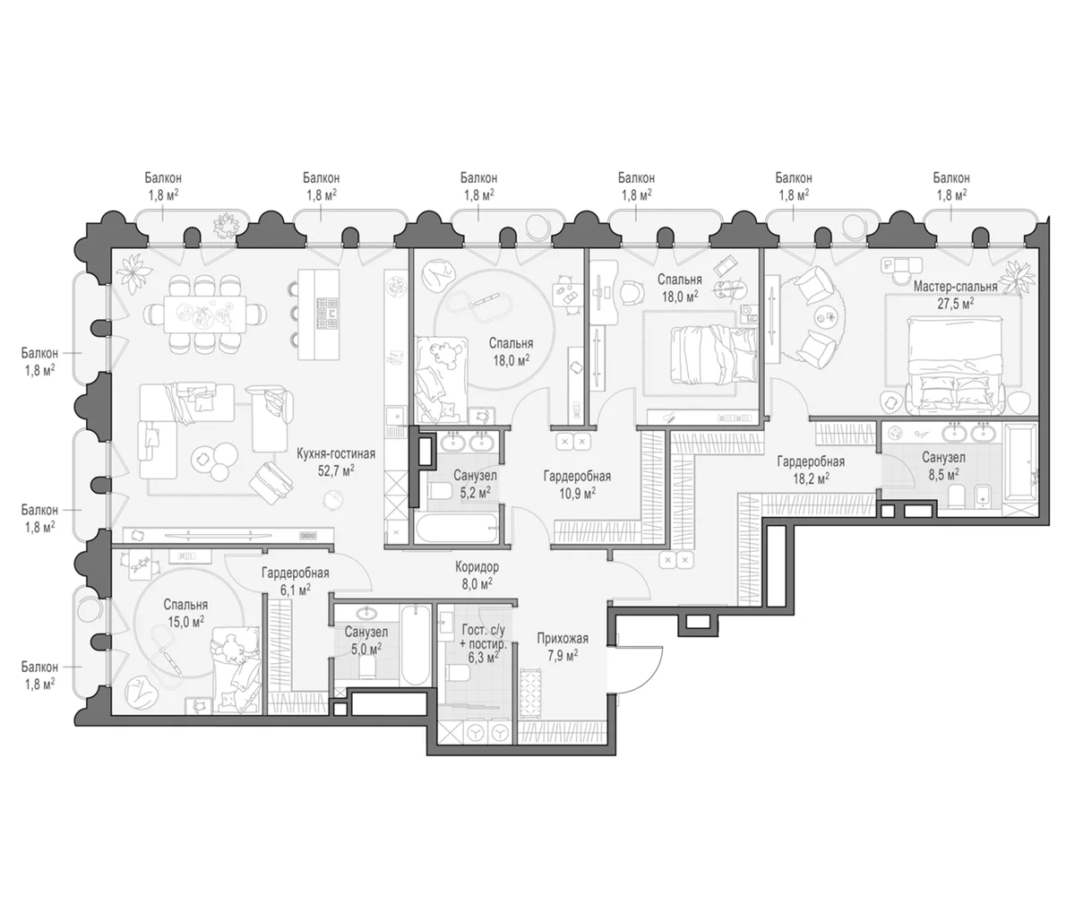 Планировка: Квартира евро-5 214,9 м² в ЖК «Клубный квартал Фрунзенский»