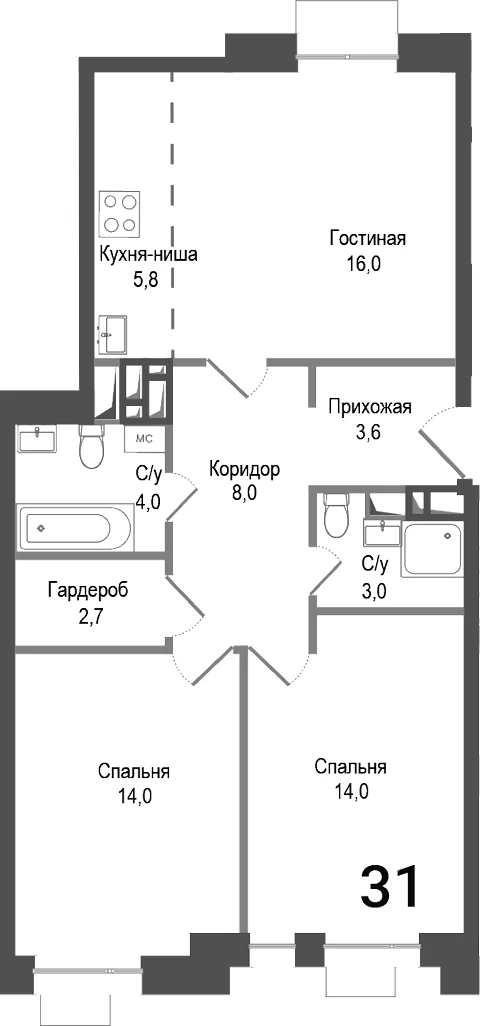 Планировка: Евротрёшка 70,3 м² в ЖК «Киноквартал»