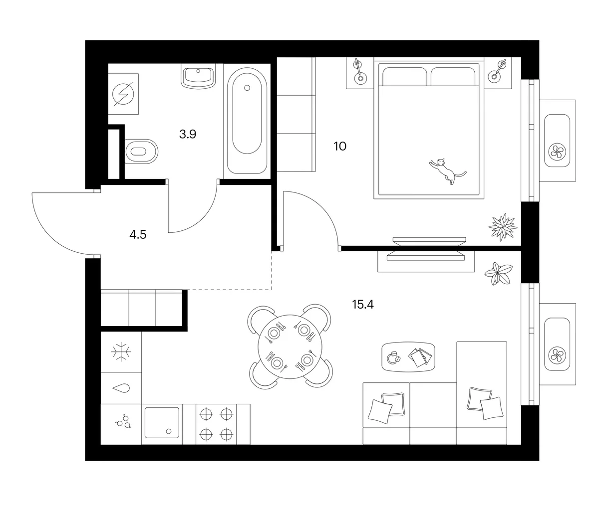 Планировка: 1-комнатная квартира 33,8 м² в ЖК «Белая Дача парк»