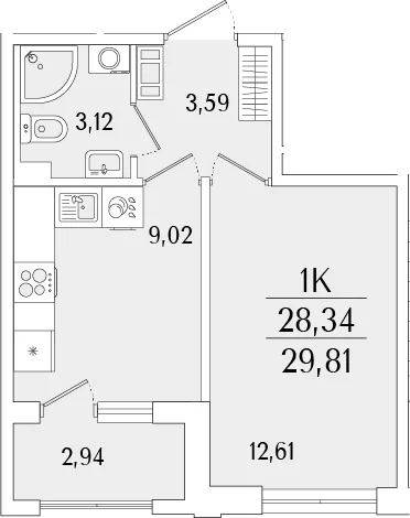 Планировка: 1-комнатная квартира 28,3 м² в ЖК «Гранат»