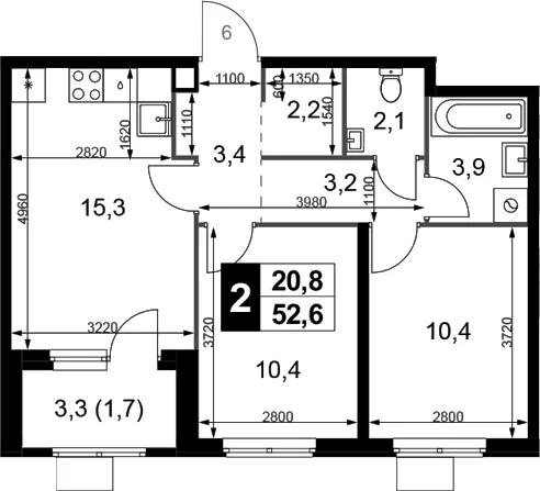 Планировка: Евротрёшка 50,9 м² в ЖК «1-й Химкинский»