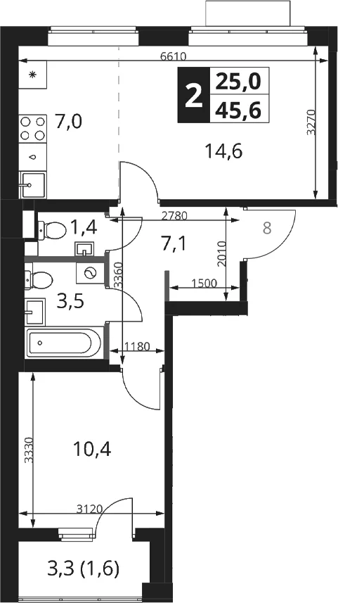 Планировка: Евродвушка 44 м² в ЖК «1-й Ясеневский»