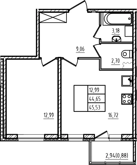 Планировка: Евродвушка 44,7 м² в ЖК «Новая история»