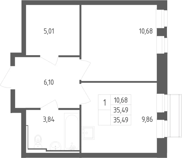 Планировка: 1-комнатная квартира 35,5 м² в ЖК «Рублевский квартал»