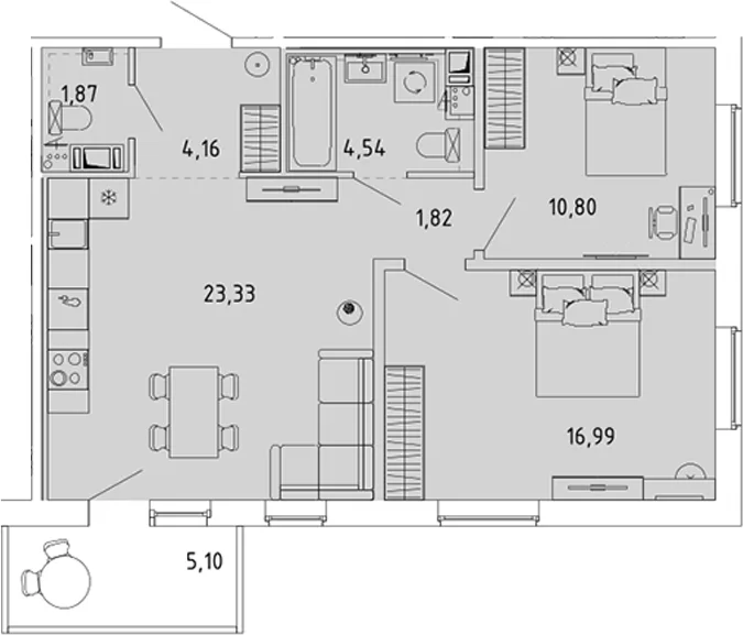 Планировка: Евротрёшка 64,5 м² в ЖК «Ю Гатчина»