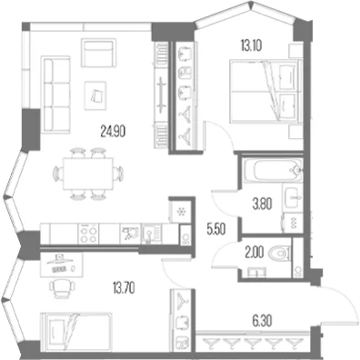 Планировка: 2-комнатная квартира 69,4 м² в ЖК «Северный Порт»