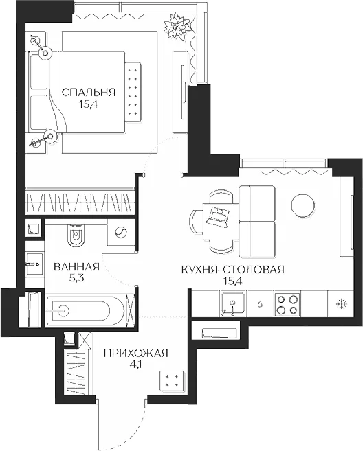 Планировка: 1-комнатная квартира 40,2 м² в ЖК «Кутузов Сити»