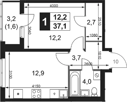 Планировка: 1-комнатная квартира 35,5 м² в ЖК «1-й Ясеневский»