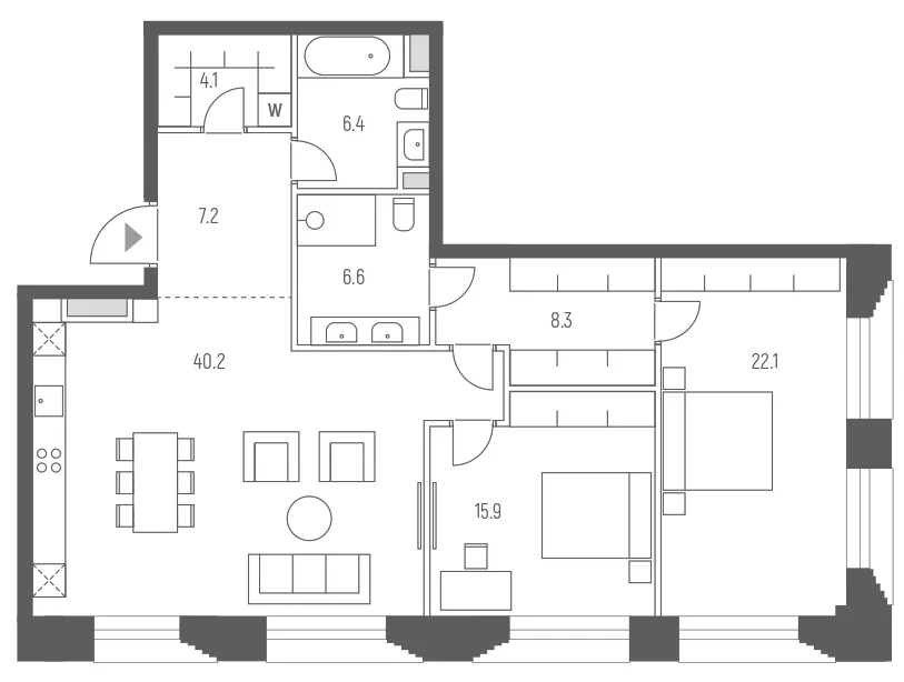 Планировка: Евротрёшка 110,8 м² в ЖК «Веспер Кутузовский»