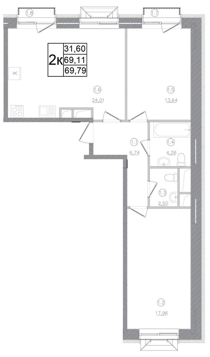 Планировка: 2-комнатная квартира 69,1 м² в ЖК «Авиатор-2»