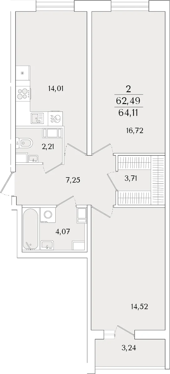 Планировка: 2-комнатная квартира 62,5 м² в ЖК «Кинопарк»