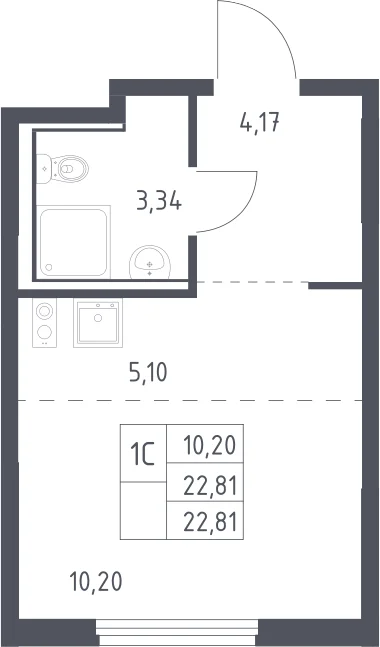 Планировка: Студия 22,8 м² в ЖК «Пригород Лесное»