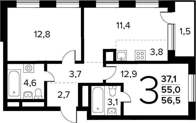 Планировка: Евротрёшка 55 м² в ЖК «Новые Ватутинки Квартал у реки»