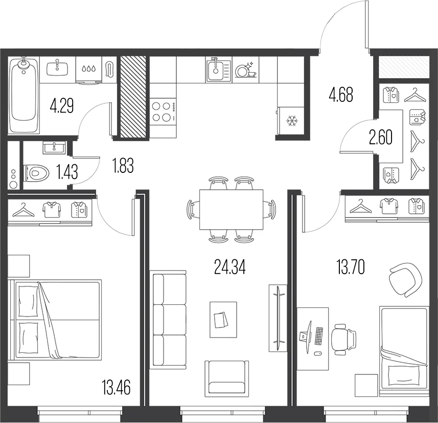 Планировка: Евротрёшка 66,3 м² в ЖК «Легенда Васильевского»