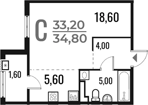 Планировка: Студия 33,2 м² в ЖК «Новое Летово»