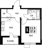 Планировка: 1-комнатная квартира 36,2 м² в ЖК «Южная Битца»
