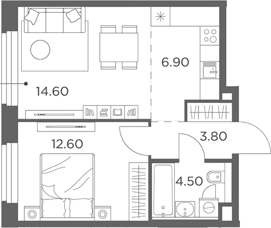 Планировка: Евродвушка 42,4 м² в ЖК «Белый Град»