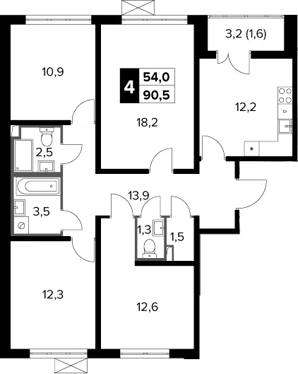 Планировка: 4-комнатная квартира 88,9 м² в ЖК «Южная Битца»