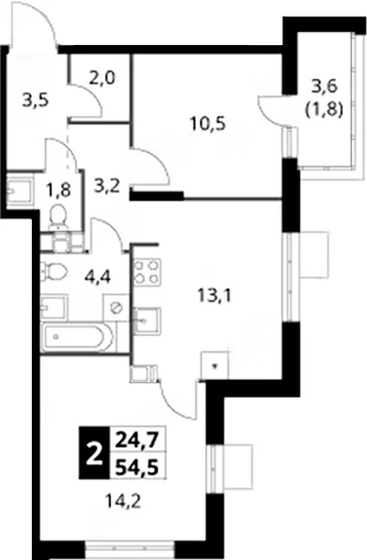 Планировка: 2-комнатная квартира 52,7 м² в ЖК «1-й Саларьевский»