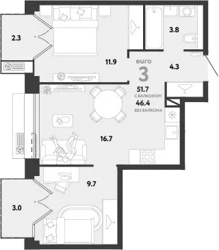 Планировка: Евротрёшка 46,4 м² в ЖК «Страна.Заречная»