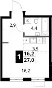Планировка: Студия 27 м² в ЖК «1-й Ясеневский»