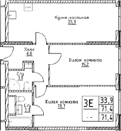 Планировка: Евротрёшка 71,4 м² в ЖК «Наметкин Тауэр»