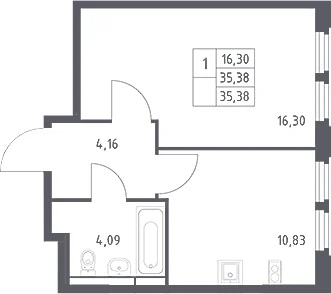 Планировка: 1-комнатная квартира 35,4 м² в ЖК «Космический Квартал»