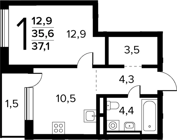 Планировка: 1-комнатная квартира 35,6 м² в ЖК «Новые Ватутинки Квартал у реки»