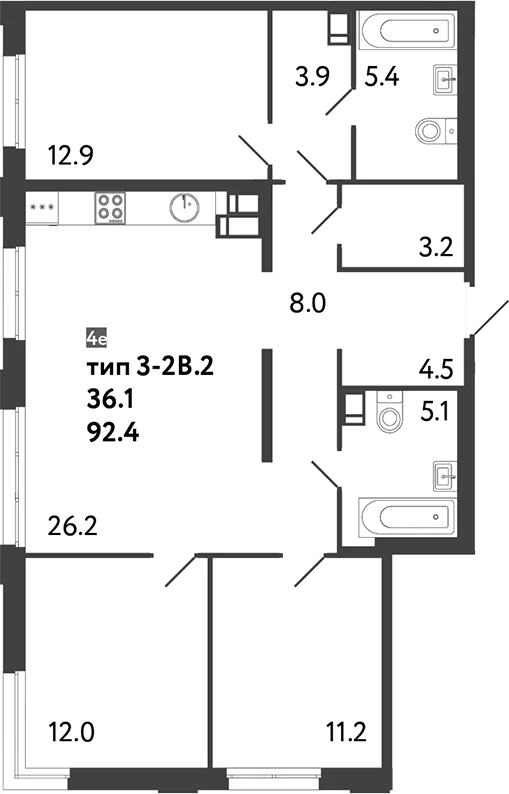Планировка: Квартира евро-4 92,4 м² в ЖК «Струны»