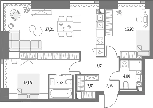Планировка: Евротрёшка 73,7 м² в ЖК «Апсайд Тауэрс»