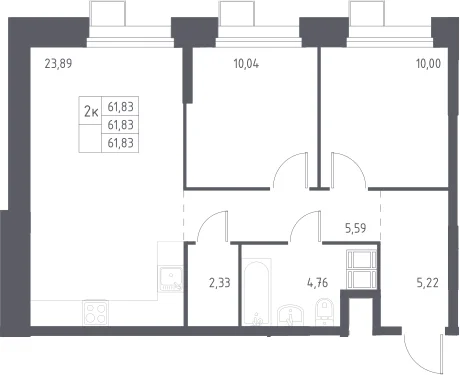 Планировка: Евротрёшка 61,8 м² в ЖК «Тропарево Парк»