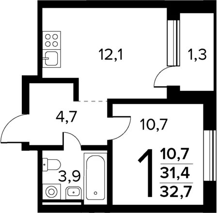 Планировка: 1-комнатная квартира 31,4 м² в ЖК «Новые Ватутинки Квартал у реки»