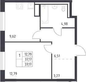Планировка: 1-комнатная квартира 37,2 м² в ЖК «Квартал Лаголово»