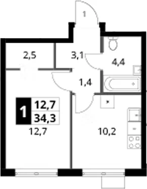 Планировка: 1-комнатная квартира 34,3 м² в ЖК «1-й Ясеневский»
