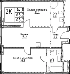 Планировка: 2-комнатная квартира 65,2 м² в ЖК «Наметкин Тауэр»