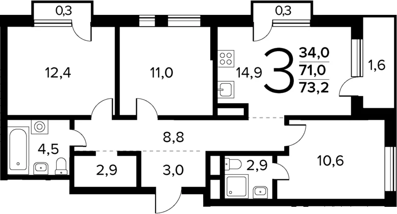 Планировка: 3-комнатная квартира 71 м² в ЖК «Новые Ватутинки Квартал у реки»