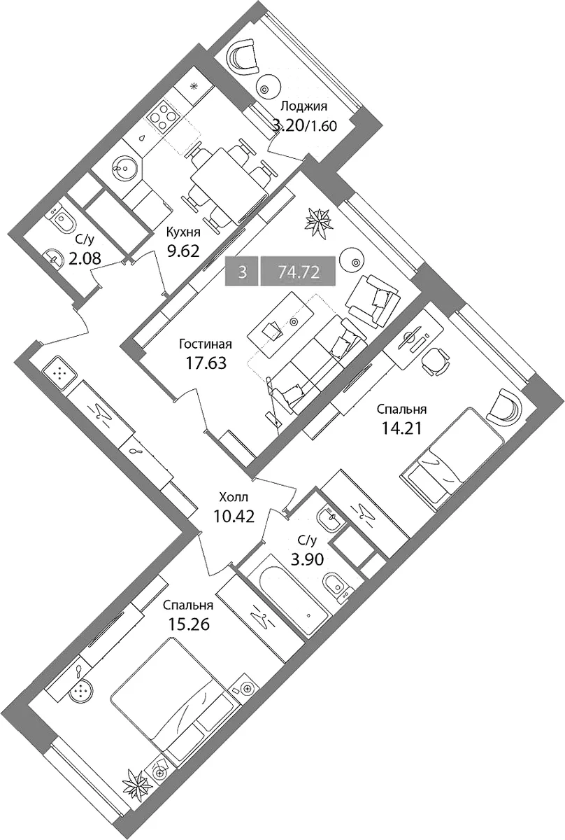 Планировка: 3-комнатная квартира 73,1 м² в ЖК «Планерный квартал»