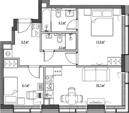 Планировка: Евротрёшка 55,4 м² в ЖК «Веер»
