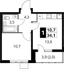 Планировка: 1-комнатная квартира 32,1 м² в ЖК «1-й Южный»