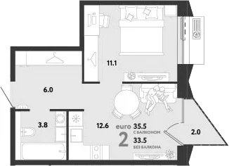 Планировка: Евродвушка 33,5 м² в ЖК «Страна.Заречная»