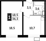 Планировка: 1-комнатная квартира 36,3 м² в ЖК «Южная Битца»