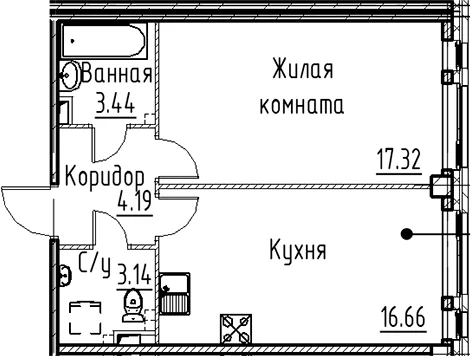 Планировка: Евродвушка 44,8 м² в ЖК «Кронфорт»