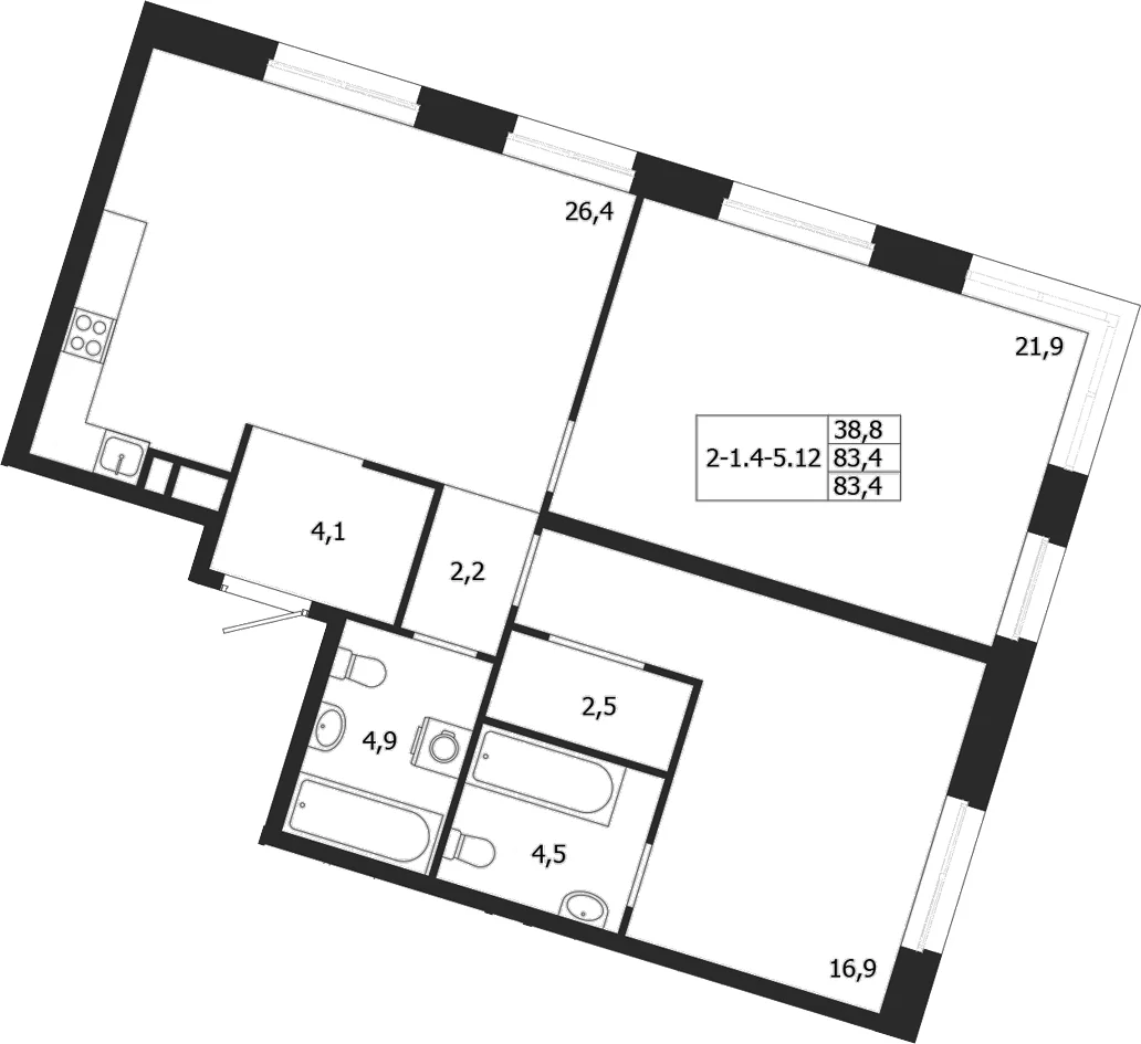 Планировка: 2-комнатная квартира 83,4 м² в ЖК «ЛДМ»