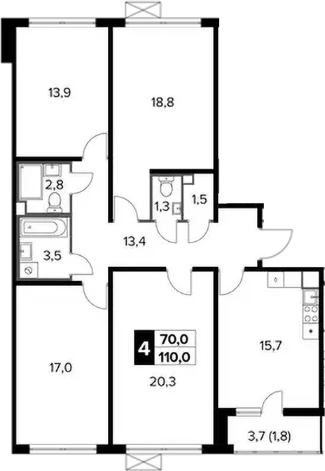 Планировка: 4-комнатная квартира 108,2 м² в ЖК «1-й Ленинградский»