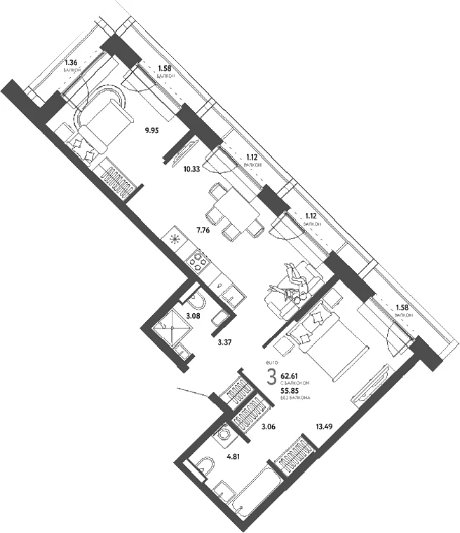 Планировка: Евротрёшка 55,9 м² в ЖК «Страна.Парковая»